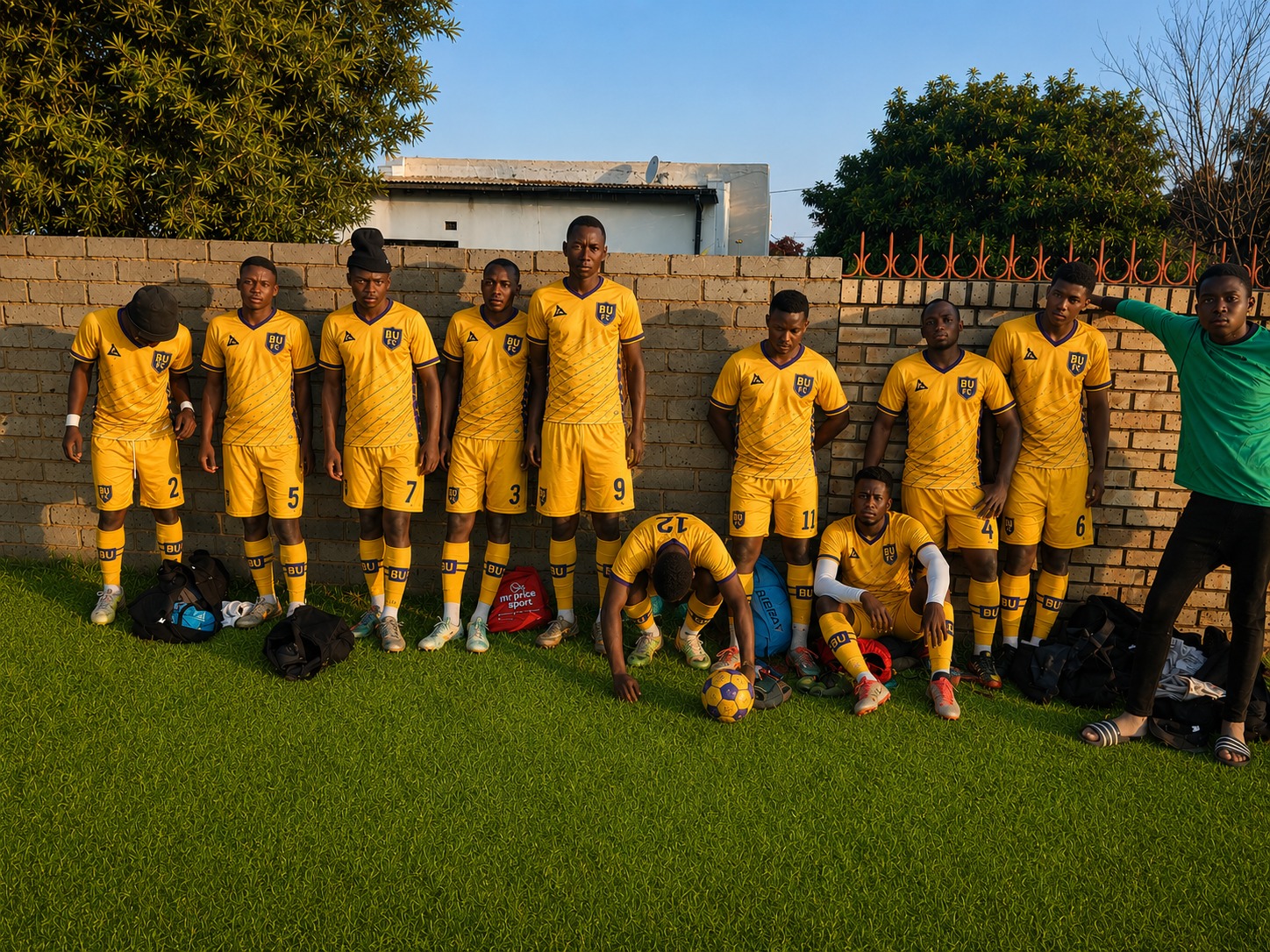 Bethanie United FC players in gold kit lined up before a match